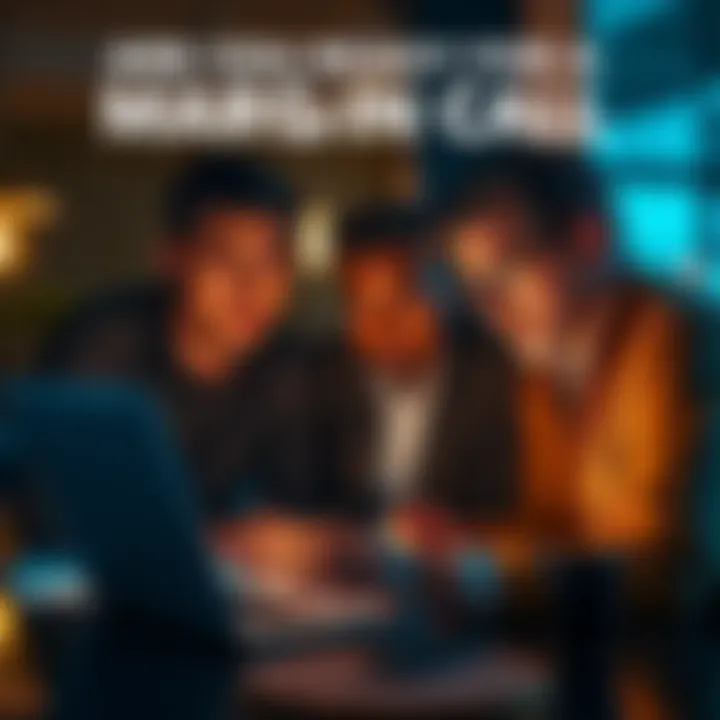 A group of investors looking at a margin call notification on a laptop, discussing their financial strategy, with concerned expressions.