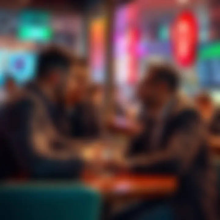 Investors Analyzing Market Trends A group of investors discussing average buying prices in a bustling cafรฉ.