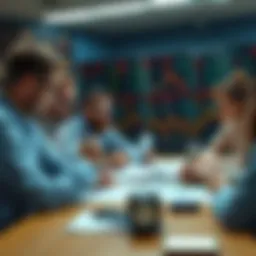Investors Analyzing Market Trends A group of investors discussing strategies as stock prices near record lows, with charts and graphs on a table