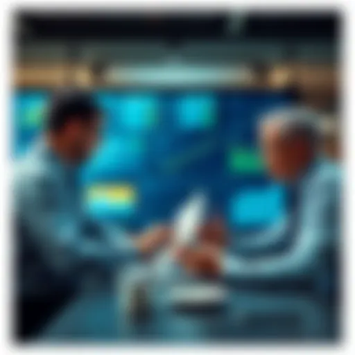 A group of investors analyzing graphs and charts, discussing future price trends in a meeting room