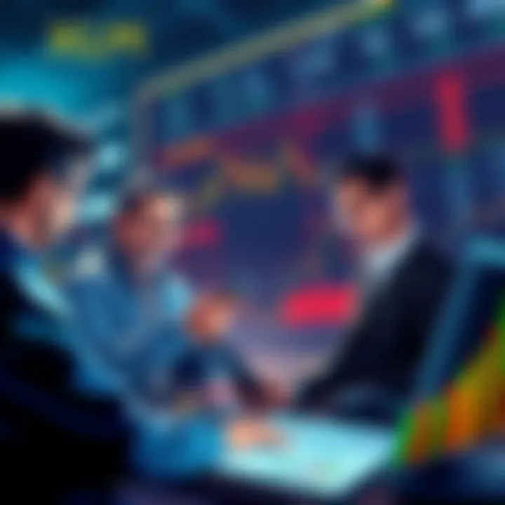 Investors Monitoring XLM Market A group of investors analyzing charts and trends related to the XLM market, depicting urgency and the need for action.