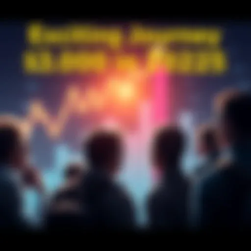 A group of investors looking towards a rising stock chart, symbolizing a hopeful journey to financial growth.