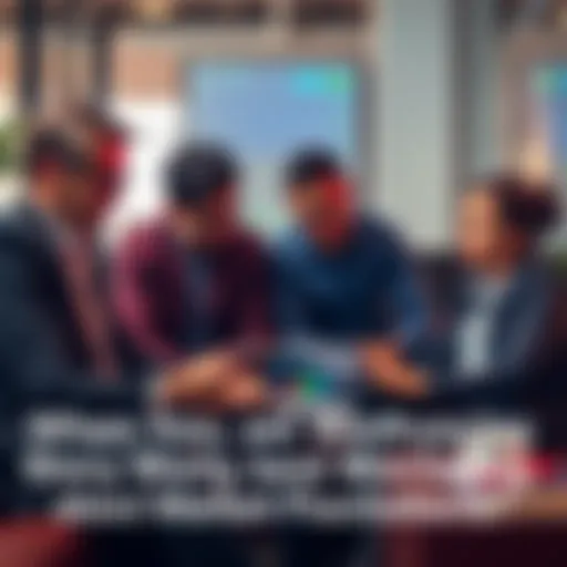 A group of investors discussing long-term strategies while looking at market graphs and charts in a relaxed setting.