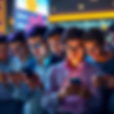 A group of investors looking concerned while checking Bitcoin prices on their phones, showing mixed emotions of worry and opportunity.