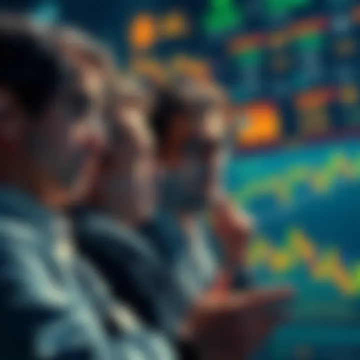 Group of investors looking at cryptocurrency charts with expressions of concern and contemplation, highlighting the emotional struggle of FOMO and investment choices as Bitcoin rises.
