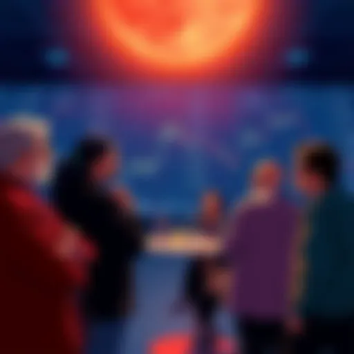 Group of people discussing their experiences after the Terra Luna crash, with charts showing decline in cryptocurrency value in the background