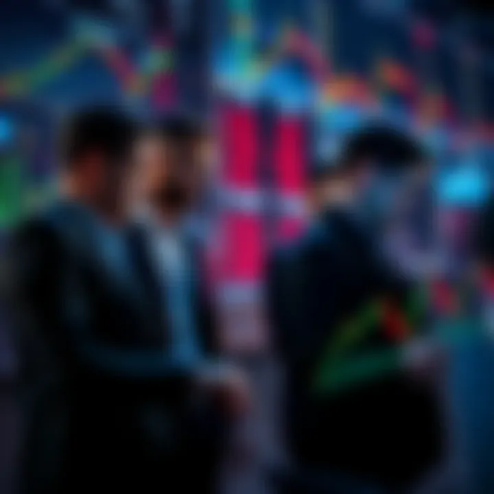 A group of investors looking at cryptocurrency charts and comparing them with declining stock market graphs
