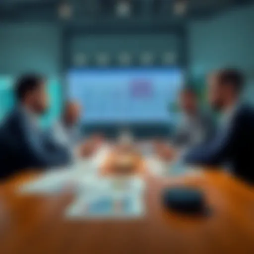 Group of investors discussing a startup proposal with charts and papers on the table