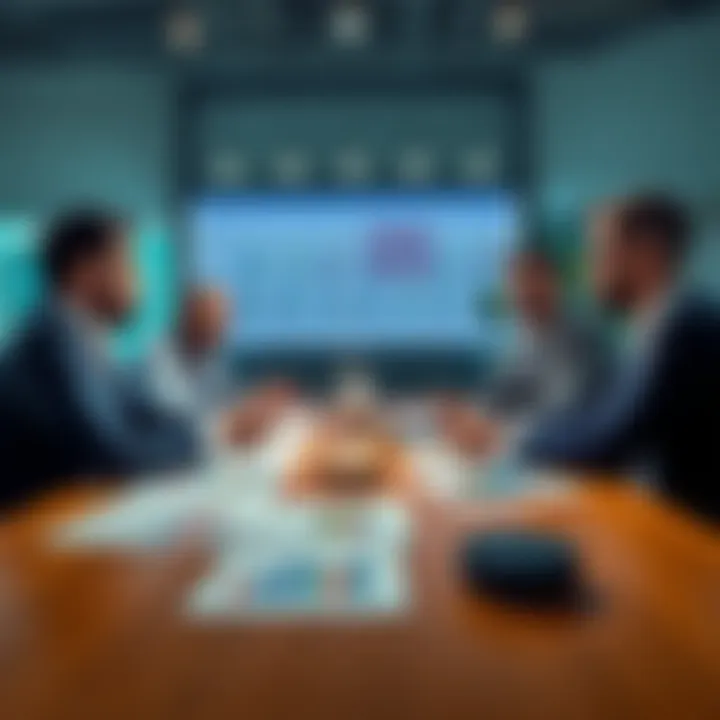 Group of investors discussing a startup proposal with charts and papers on the table