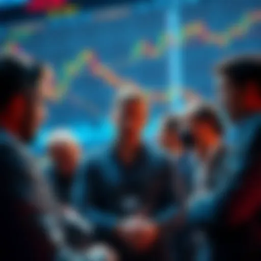 A group of anxious investors discussing their cryptocurrency losses, with charts and graphs showing market declines in the background