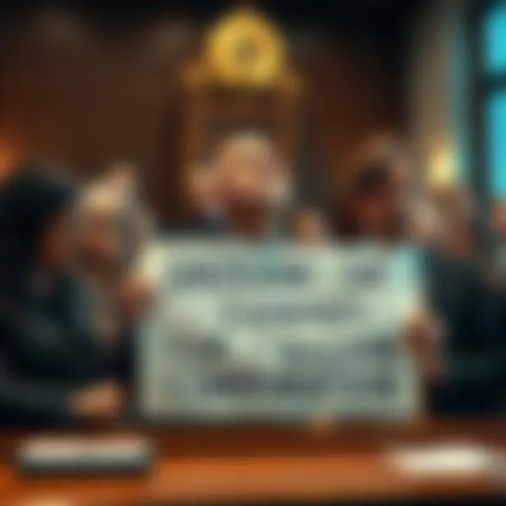 Group of investors holding a sign demanding compensation from cryptocurrency exchanges, looking frustrated in a courtroom setting.