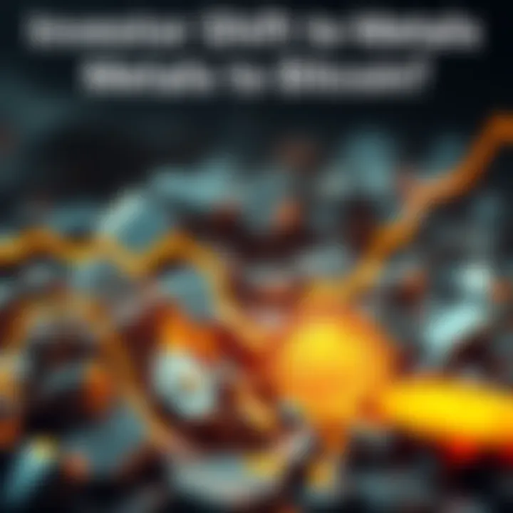 A graphic showing a decline in metal investments and a rise in Bitcoin investments, symbolizing the shift in investor interest.