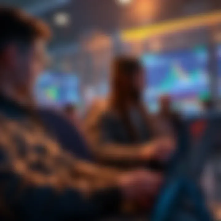 A group of investors looking at charts and graphs on laptops, discussing Bitcoin trends as it approaches $65,000.