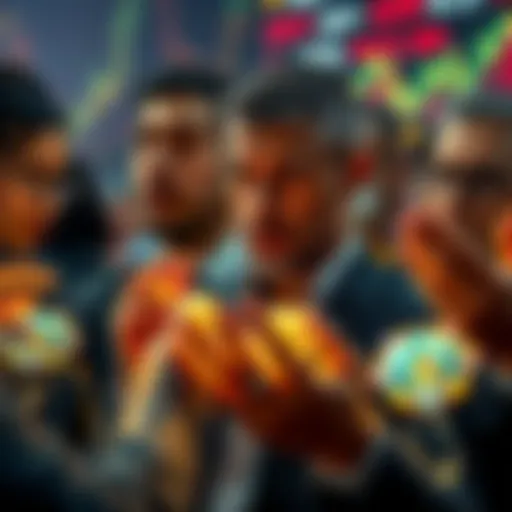 Investors with Diamond Hands A group of determined investors examining market charts with focused expressions, showcasing strong resilience during market volatility.