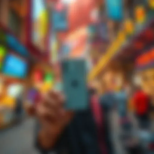 Individual excitedly displaying their new iPhone 17 Pro Max in a bustling Dubai marketplace