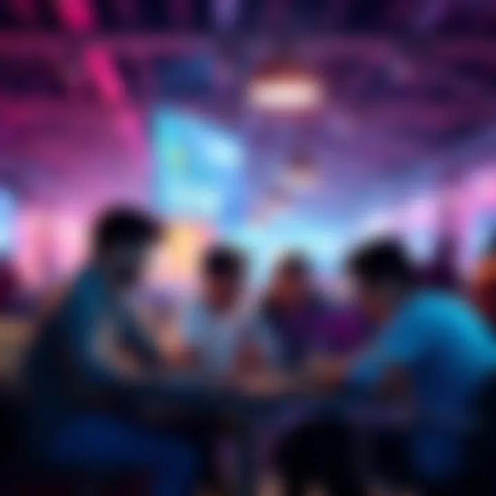 A group of young people collaborating over laptops in a vibrant setting, brainstorming ideas for a hackathon project focused on AI and development.