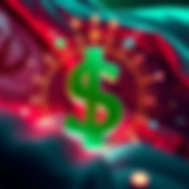 A graphic showing a large dollar amount symbol with digital currency symbols around it, representing Iran's rise in crypto transactions due to illicit activities.