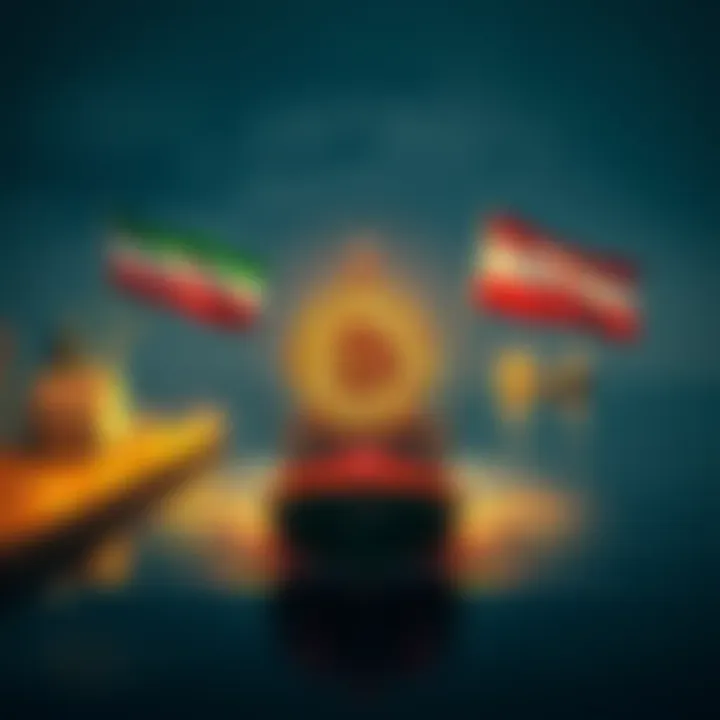 Iran's new Bitcoin platform at Hormuz Port with flags and crypto symbols