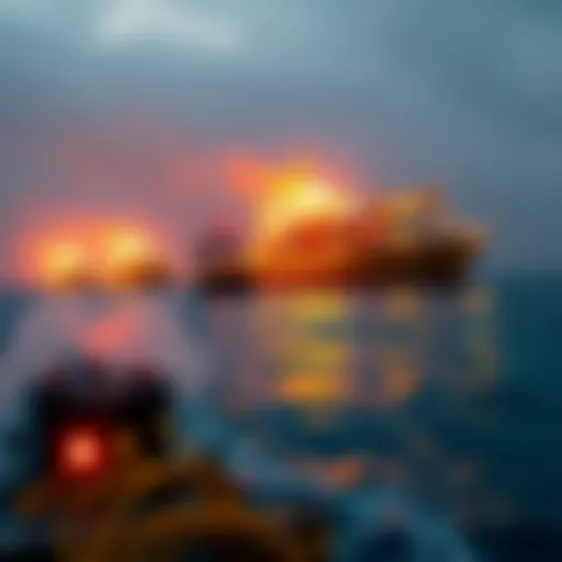 A representation of the Strait of Hormuz with ships paying a toll, highlighting the impact on oil and Bitcoin markets.