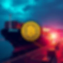 An Iranian cargo ship docked, with a Bitcoin logo displayed, representing new shipping system