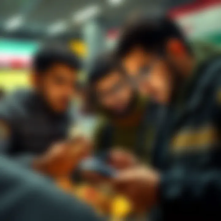 A group of Iranians looking at their smartphones as they buy Bitcoin and transfer funds to self-custody wallets during a time of conflict.