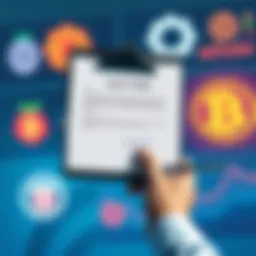 A hand holding a clipboard with an IRS audit form about cryptocurrencies, with wallet and exchange logos in the background.