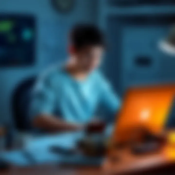 A third-year IT engineering student looking to join a hackathon team, sitting at a desk with a laptop and coding materials, surrounded by brainstorming notes and tech gadgets.