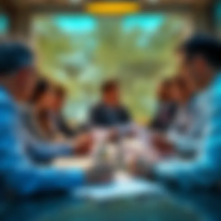 Group of bankers in a meeting discussing the European Central Bank's digital euro project with financial documents on the table.