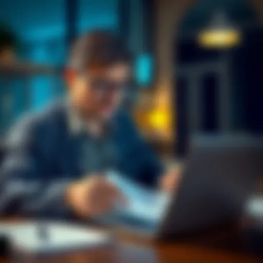 A stressed Italian user examining tax documents with a laptop showing Koinly interface