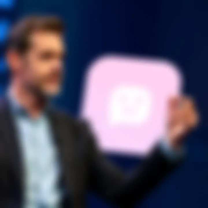 Jack Dorsey holding a presentation about Bitchat, his new peer-to-peer messaging app, with the app's logo displayed prominently.