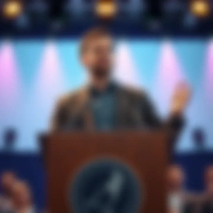 Jack Dorsey at a podium announcing his $10 million investment into a nonprofit for open source social media.