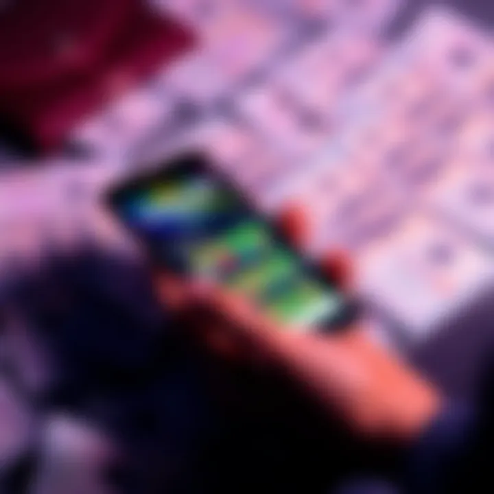 Individual looking at the Jackpocket Lottery app on their smartphone while surrounded by bills and a wallet