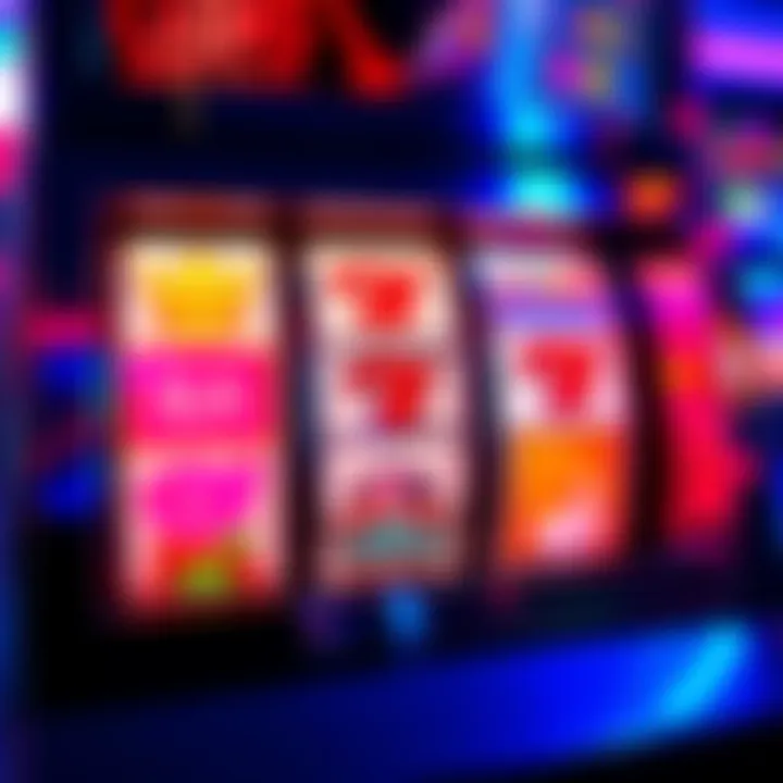 A colorful slot machine with spinning reels showing various symbols, representing the excitement of hitting a jackpot.