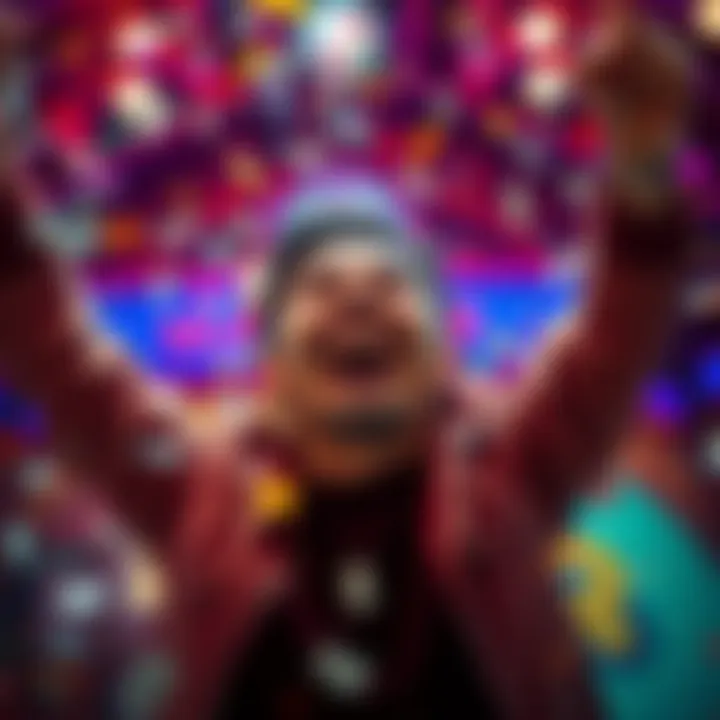 A joyful person celebrating after hitting the jackpot, with confetti and cash around them.