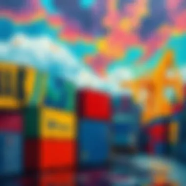 A vibrant painting illustrating shipping containers transformed into artistic expressions, reflecting the blend of creativity and logistics at Jak Shipping.
