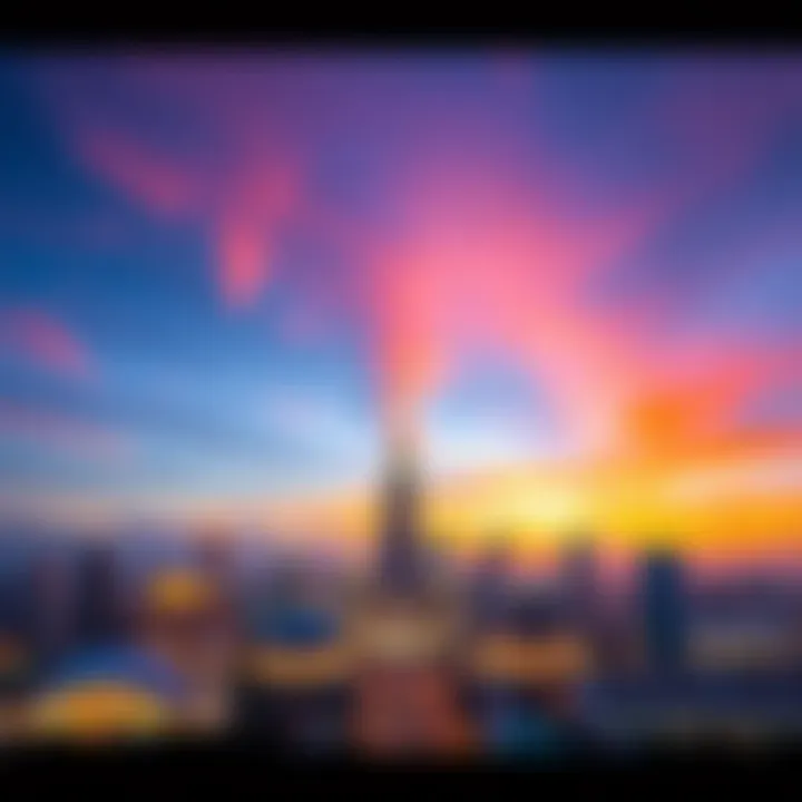 A panoramic view of Jakarta's skyline with modern buildings and a sunset background