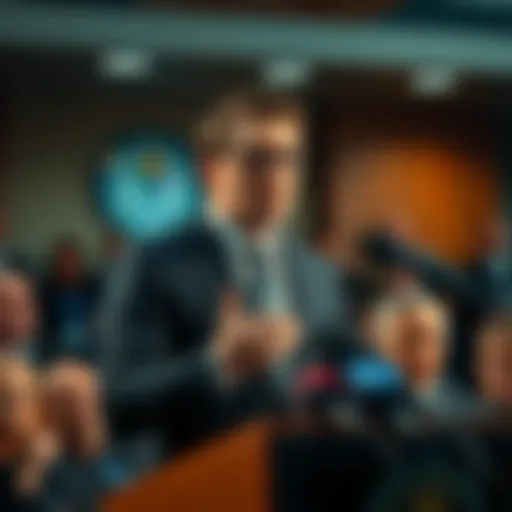 Jake Claver speaking at a press conference Jake Claver stands at a podium addressing reporters, with a skeptical audience in the background.