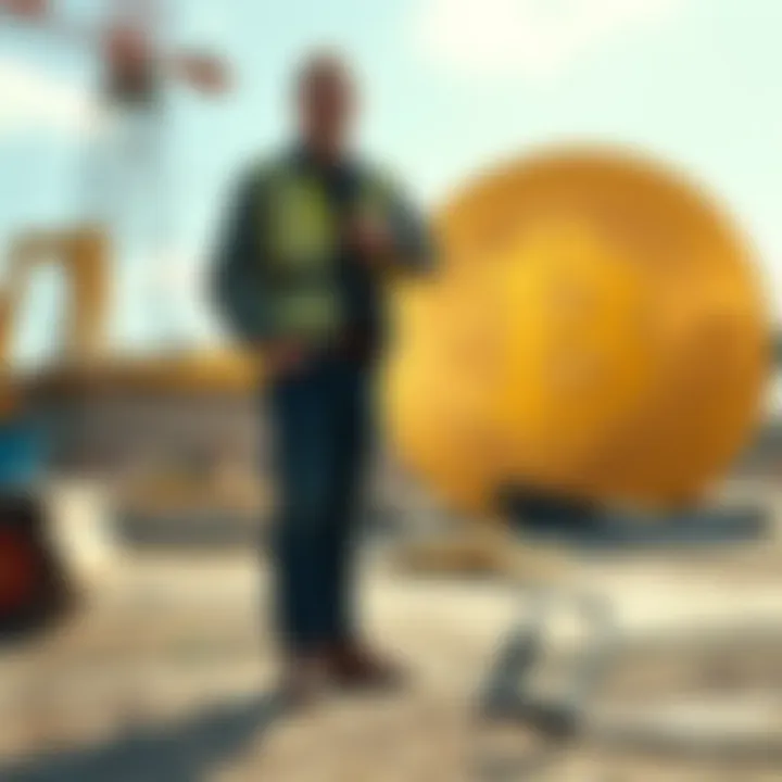 James Howells stands on a construction site looking hopeful, searching for a hard drive with a large Bitcoin symbol in the background.