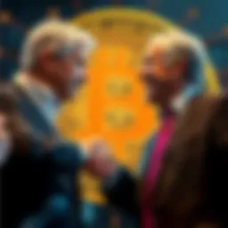 Jamie Dimon Accepts Bitcoin Jamie Dimon shaking hands with a banker in front of a Bitcoin symbol, signaling a shift in JPMorgan's policy on cryptocurrency.