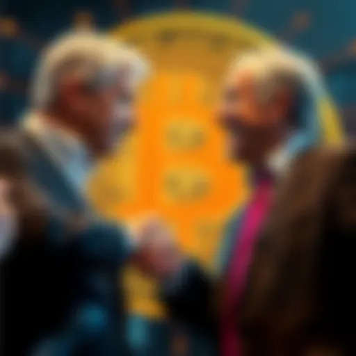 Jamie Dimon Accepts Bitcoin Jamie Dimon shaking hands with a banker in front of a Bitcoin symbol, signaling a shift in JPMorgan's policy on cryptocurrency.