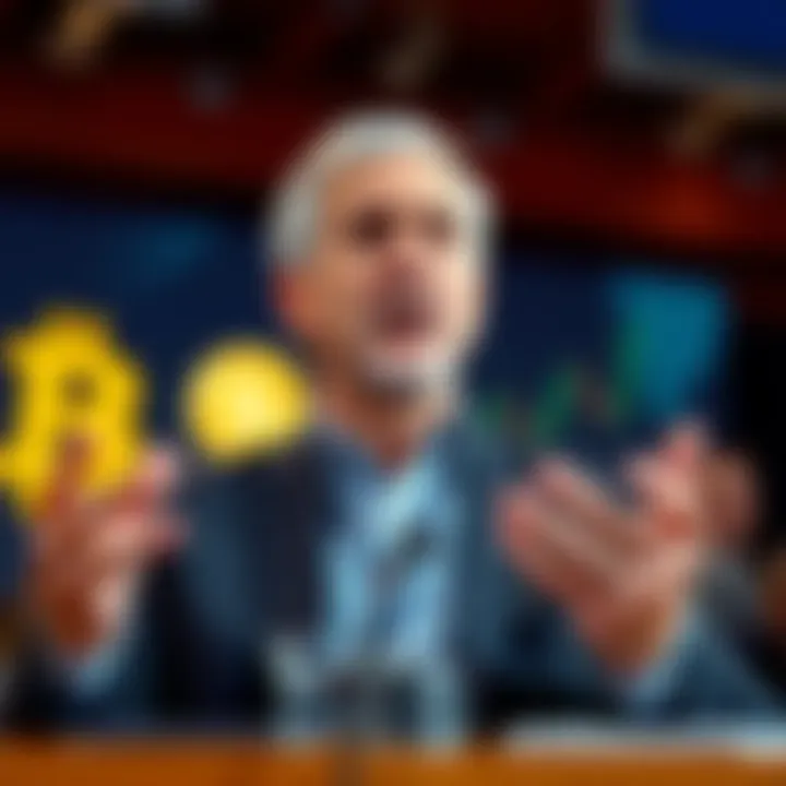 Jamie Dimon speaking at a conference, expressing concern about Bitcoin investments, with a serious expression