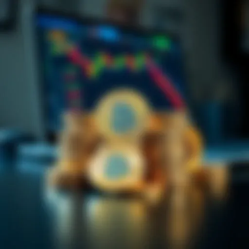 A collection of shiny $JAMKB coins stacked on a table with a laptop in the background showing a trading platform