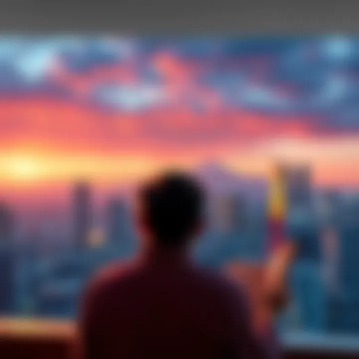 A person reading about Japan's new cryptocurrency legislation, with a view of Tokyo's skyline in the background.