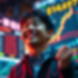 A young Japanese trader joyfully looks at his trading chart showing significant growth, celebrating his journey from $387,000 to $14 million in cryptocurrency.