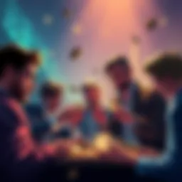 Group of people discussing investments with coins in hand, symbolizing small investments in crypto.