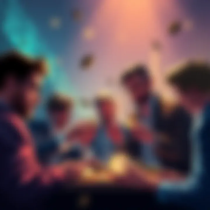 Group of people discussing investments with coins in hand, symbolizing small investments in crypto.