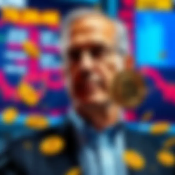 Jerome Powell standing in front of a blurred stock market display with Bitcoin symbols around him