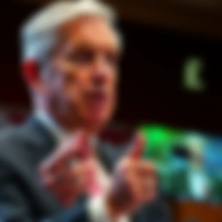 Federal Reserve Chair Jerome Powell discussing interest rates in a press conference, referencing Trump's policies
