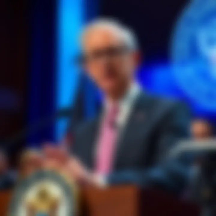 Federal Reserve Chair Jerome Powell speaking at a press conference, discussing interest rates and economic policies.