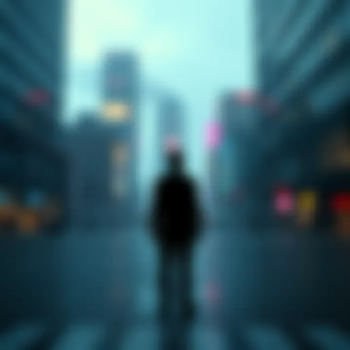 A silhouette of a man standing alone in an empty city square looking contemplative, symbolizing Jigsaw's absence from public life.